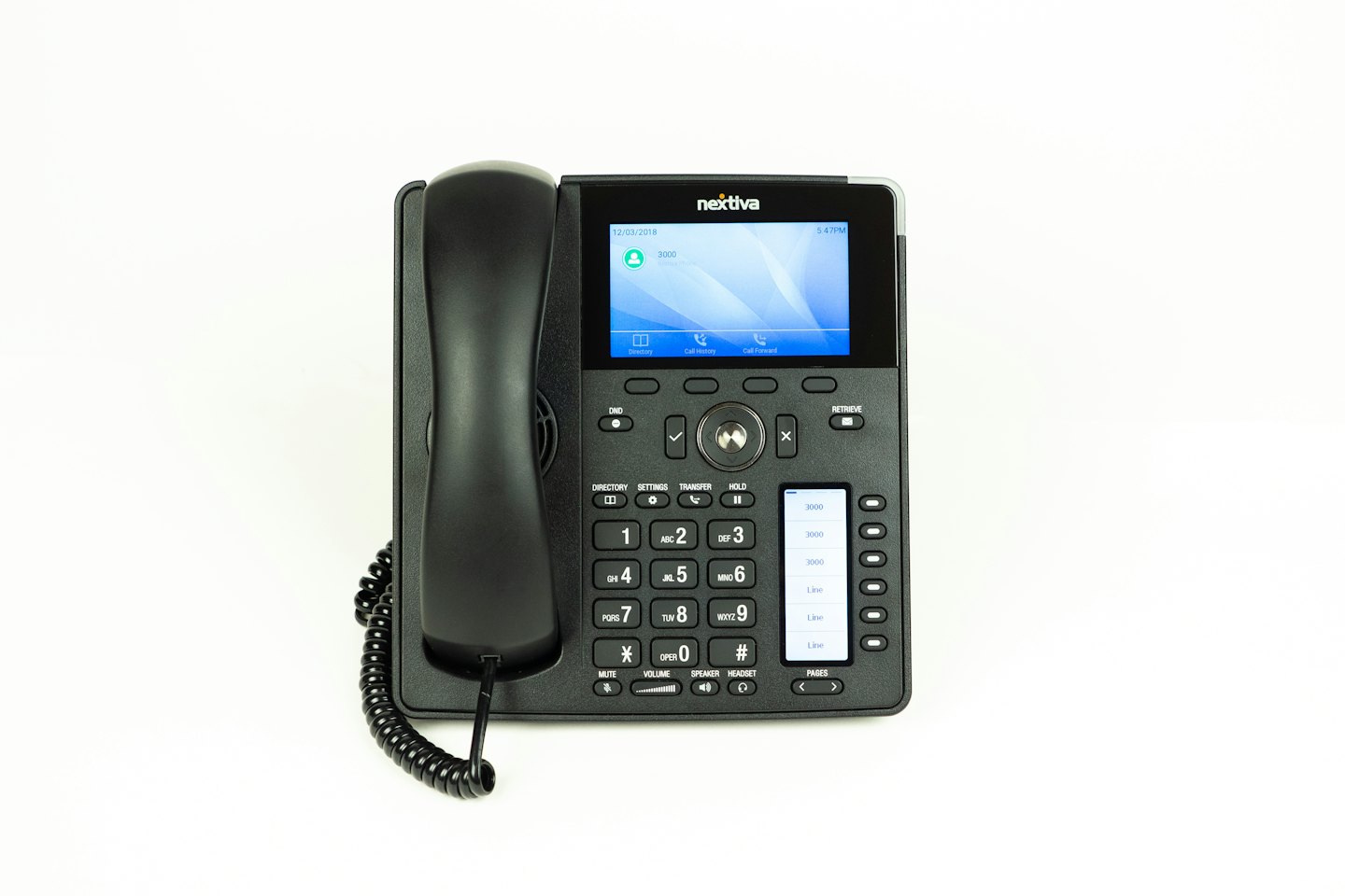 Modern black VoIP office phone on a white background.